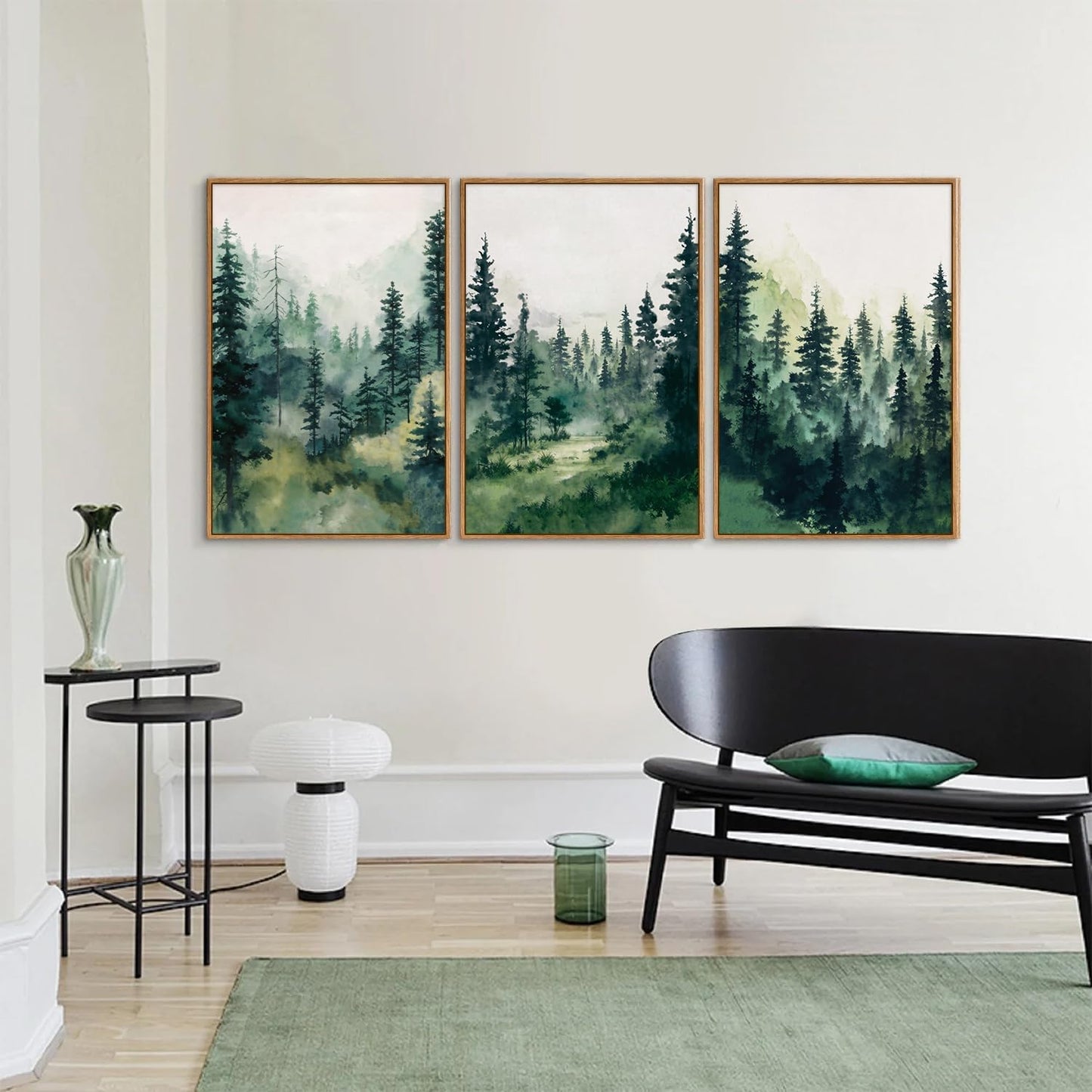 Tinonedraw Watercolor Forest Framed Canvas Wall Art Set, Modern Pine Tree Wall Painting, Nature Foggy Landscape Wall Decor, Misty Mountain Art Prints for Bedroom Living Room Farmhouse Office 16"x24"x3