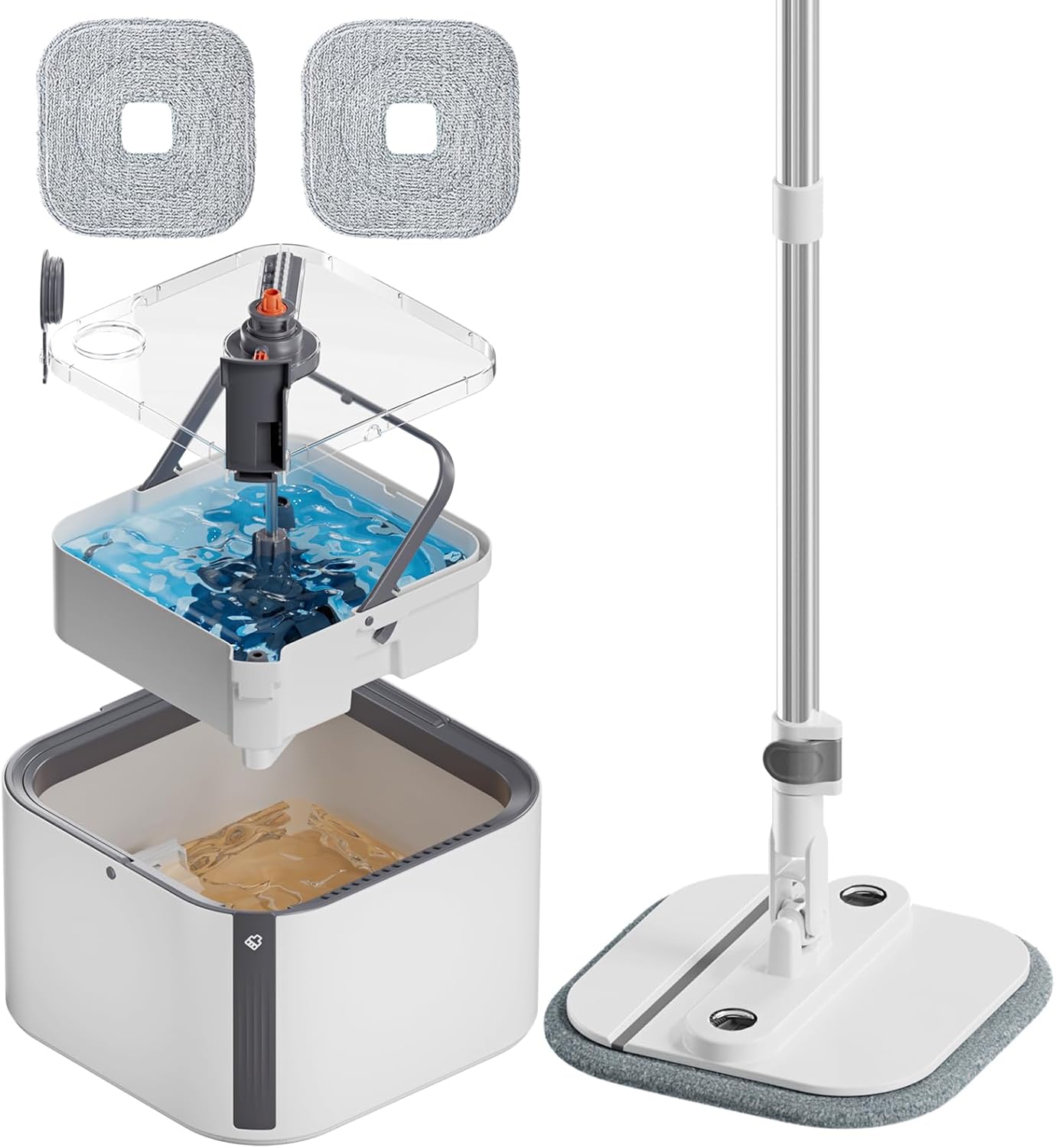 Upgraded Self-Standing Spin Mop and Bucket System, Detachable Inner Mop Bucket That Separates Dirty Water & 90° Foldable Head, Triple-Scrubbing System, for Hardwood Floors - White with 2 Pads