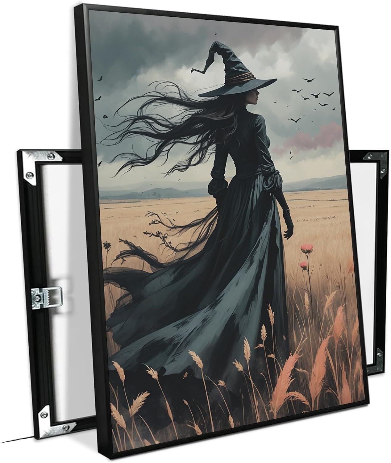 JFHCQJPK Gothic Decor Canvas Wall Art Witch in Rice Field Halloween Art Decor Print Nature Print Victorian Home Bedroom8x12in Metal blackFramed