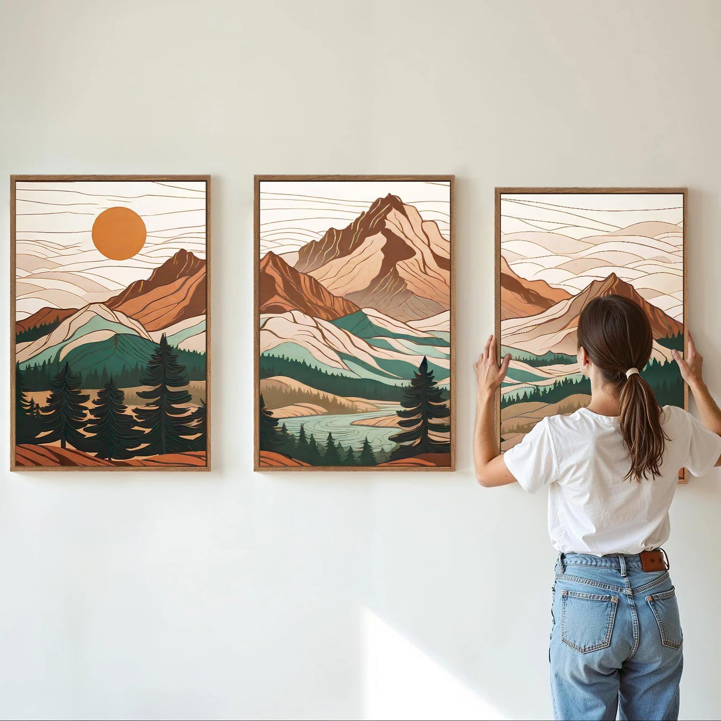 Tinonedraw Mountain Framed Canvas Wall Art Set of 3, Sunrise Forest Woodland Landscape Art Prints, Boho Coloful Ridge Scenery Wall Decor, Wood Pine Wilderness Art Paintings for Living Room Bedroom, Office 16"x24"