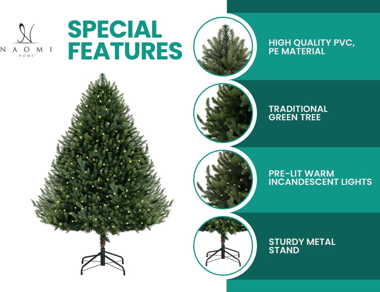 Kinsley 6.5ft Prelit Aritificial Christmas Tree with 3156 Branch Tips, 450 Warm Lights and Metal Stand, 53" Wide Realistic Traditional Christmas Tree with Lights by Naomi Home