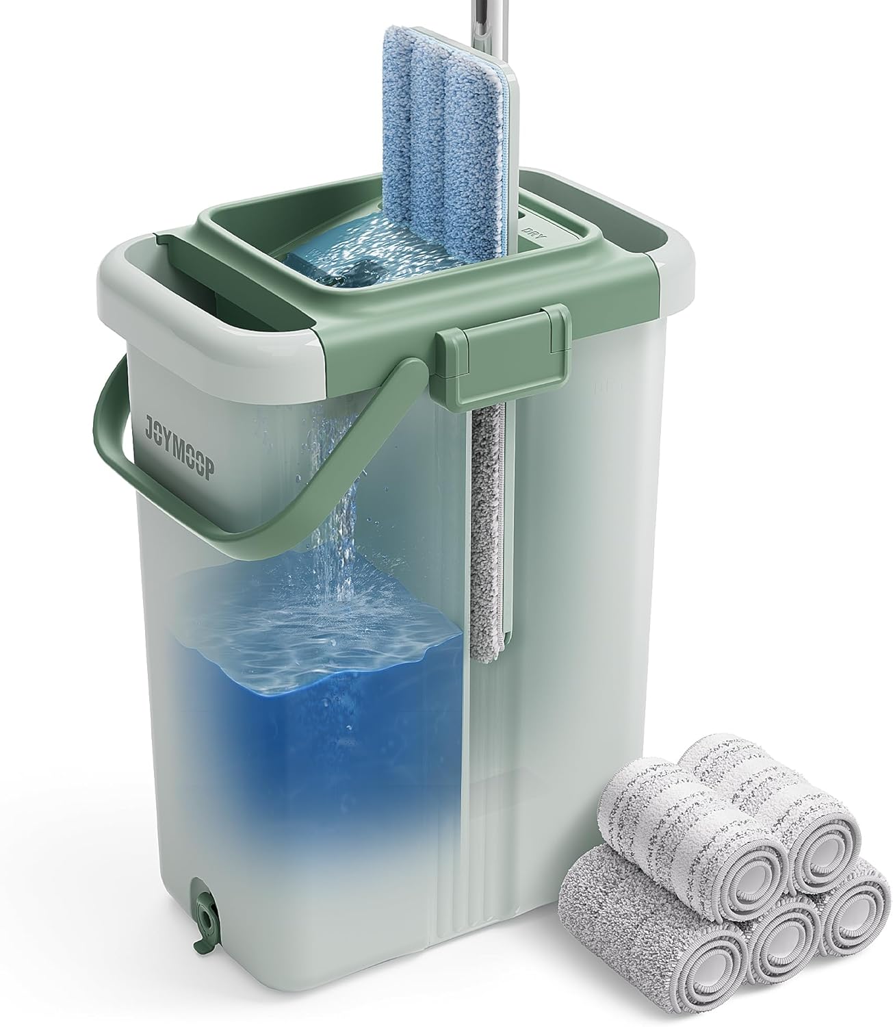 JOYMOOP Mop and Bucket Set - Mops for Floor Cleaning & Wall Cleaner with Long Handle, Include 5 Microfiber Mop Pads - Green Bucket (X-Large)