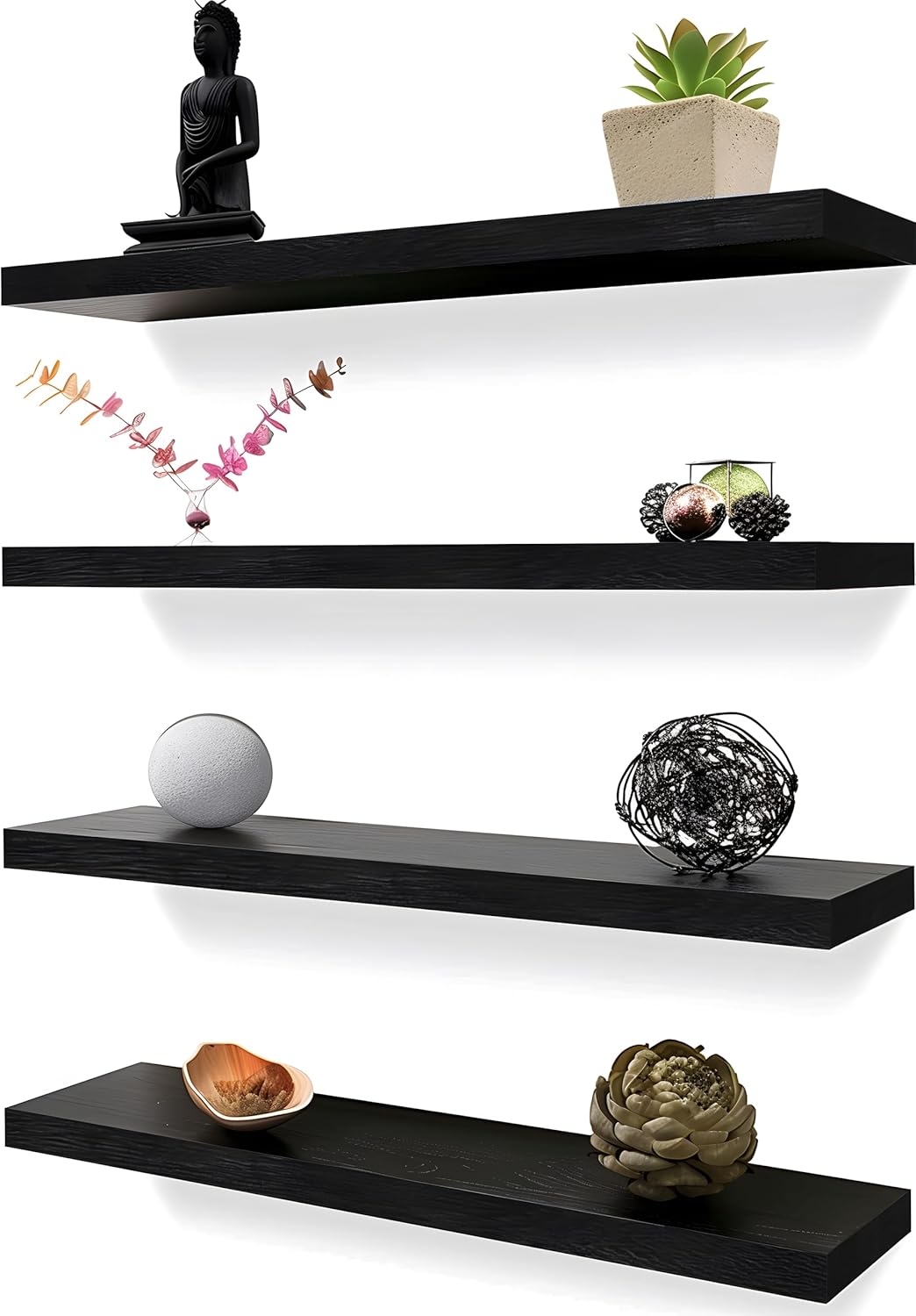 Wood Floating Shelves for Wall Decor, Rustic Wall Shelves for Bedroom Bathroom Kitchen Living Room, Set of 4 Black 24 Inch