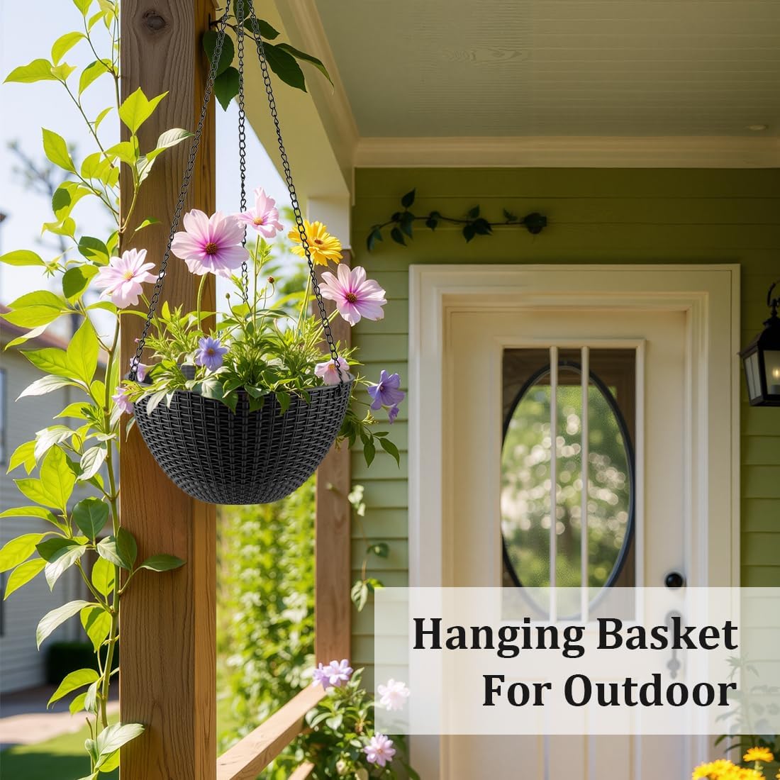 Hanging Planters for Indoor Outdoor Plants 8/10 Inch, 4 Packs Plant Hanger with Drainage Holes, Hanging Basket Flower Pot Perfect for Home, Office and Garden, Black