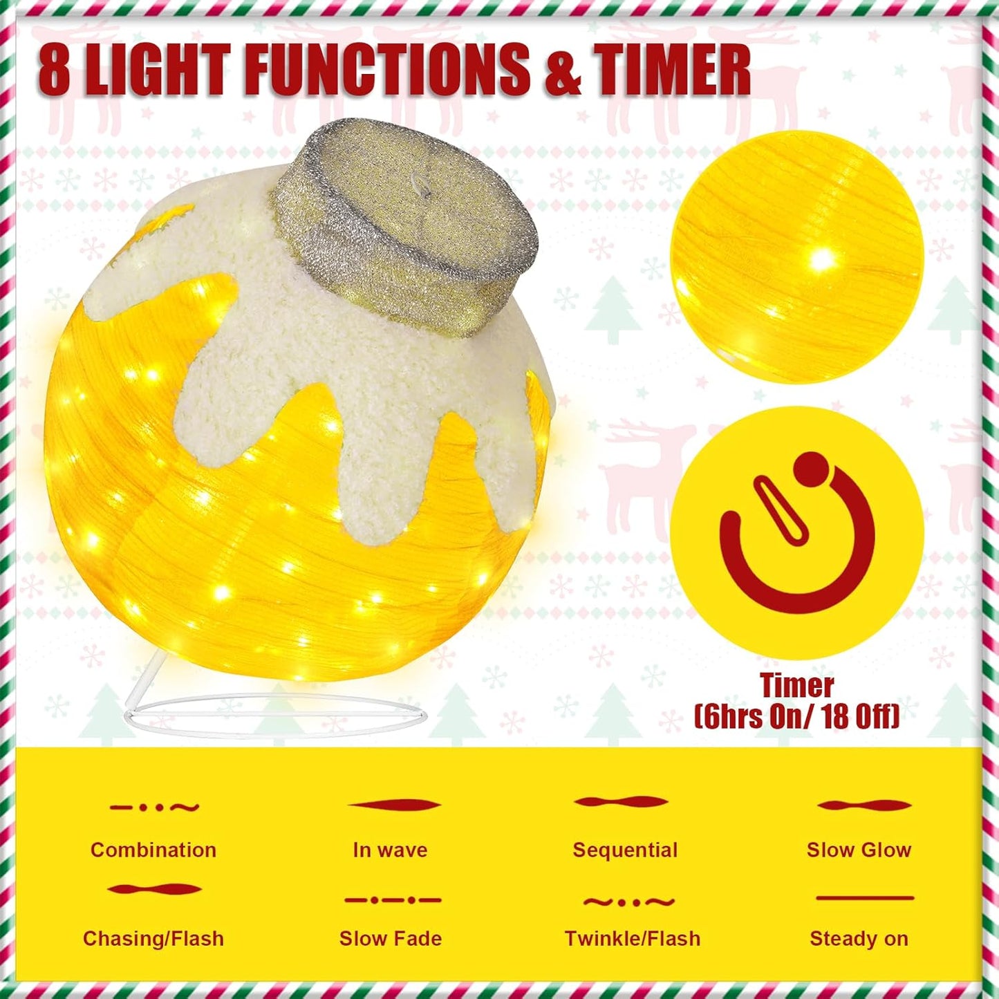 BRIGHTDECK Outdoor Christmas Ornaments, Lighted Pop-Up Outdoor Holiday Ball Decoration with 80 LED Lights, 8 Light Modes, Lighted Collapsible Holiday Decorations for Yard, Home (Yellow)