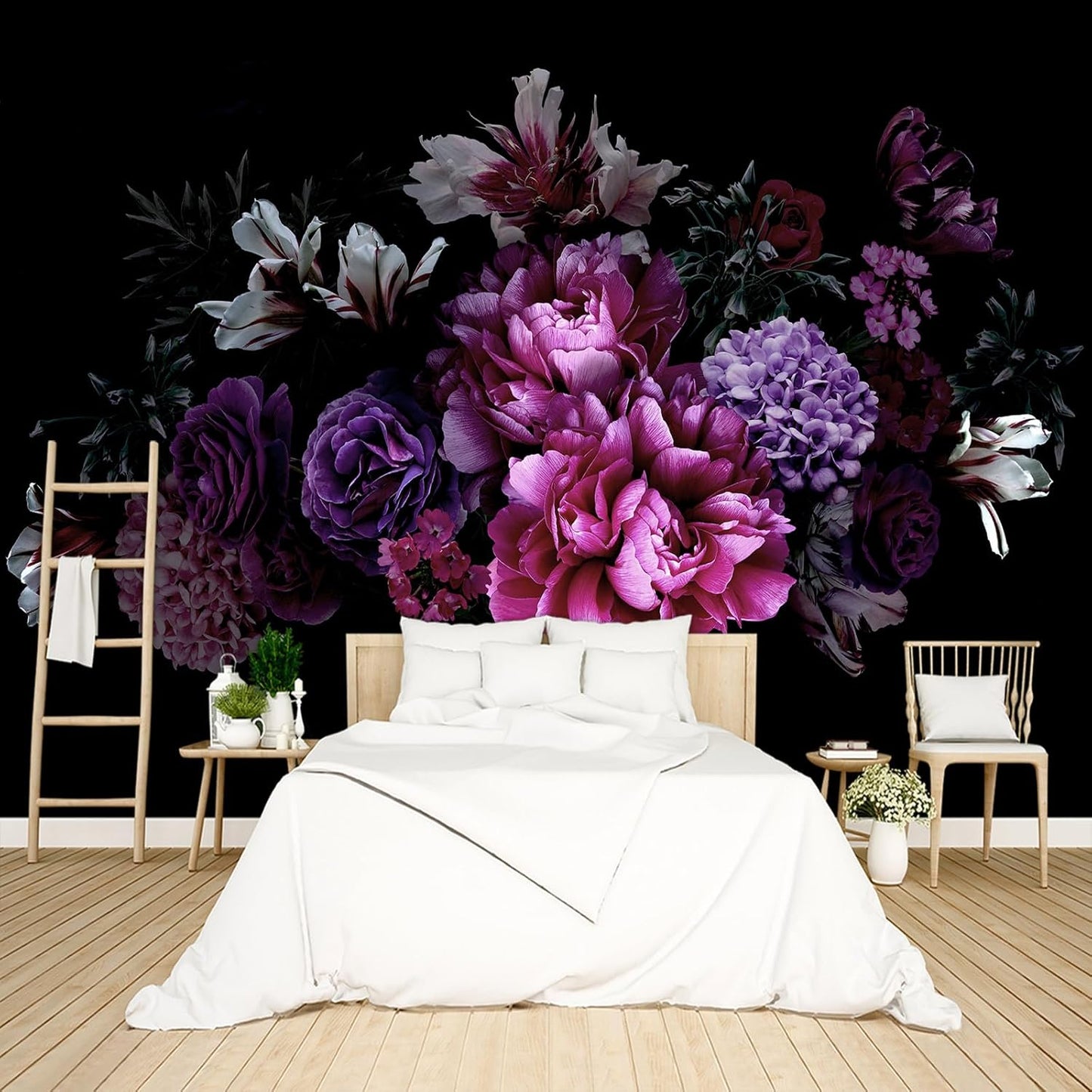 Black Peony Floral Wallpaper Peel and Stick Wall Mural for Bedroom Living Room - 85"x118"