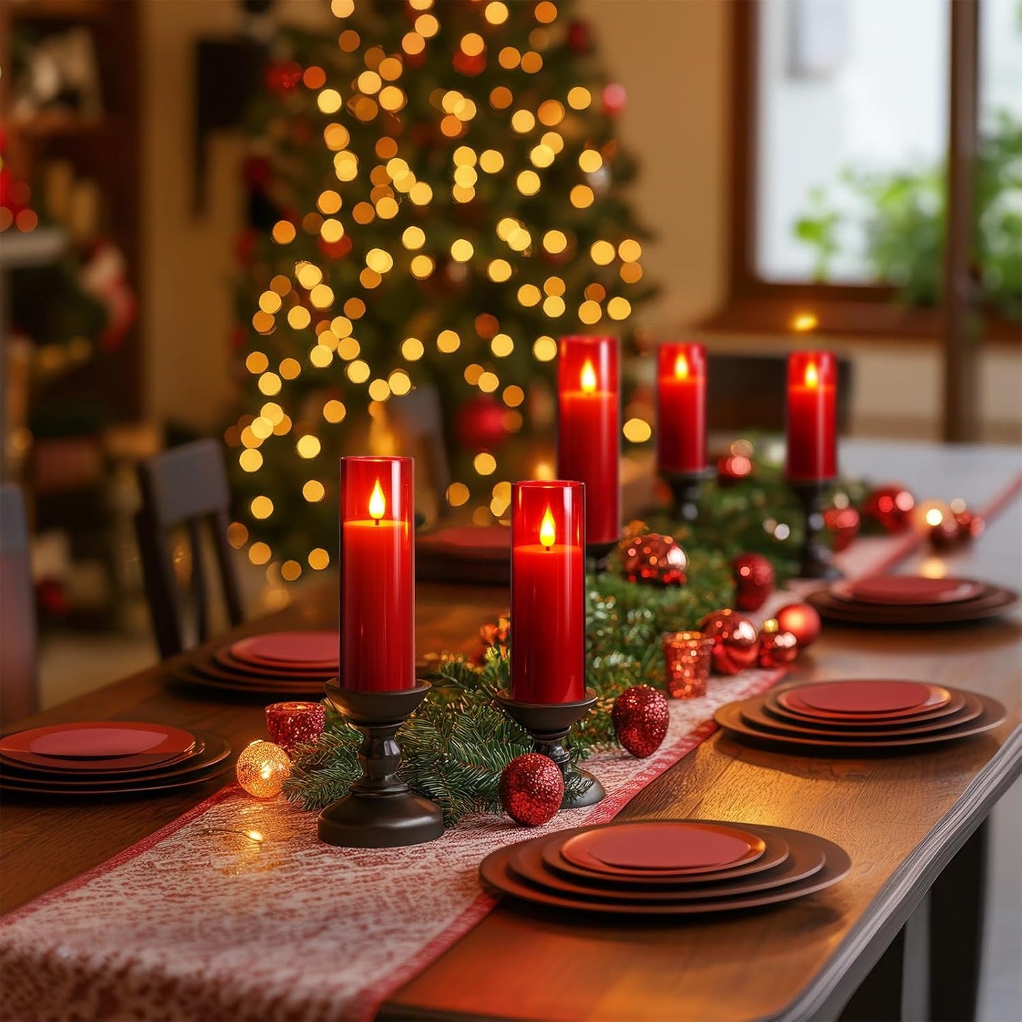 Amagic Christmas Red Flameless Candles, Battery Operated Candles with Remote and Timer, Acrylic Flickering LED Candles for Thanksgiving Decor, D2.2''xH5''6" 7", Set of 9