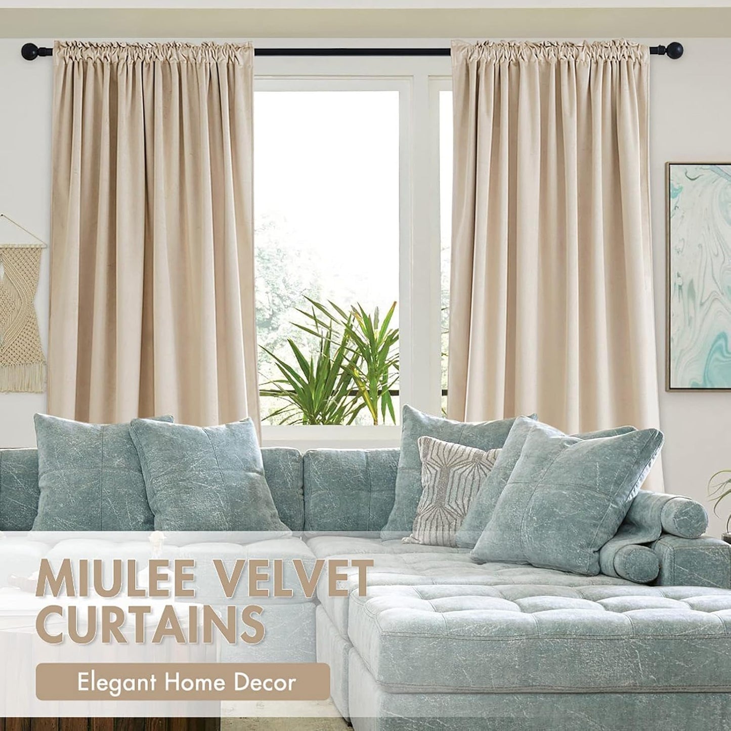 MIULEE Beige Velvet Curtains Thermal Insulated Blackout Curtain Drapes for Bedroom Living Room Darkening 84 Inches Long Curtains Panels Rod Pocket Set of 2