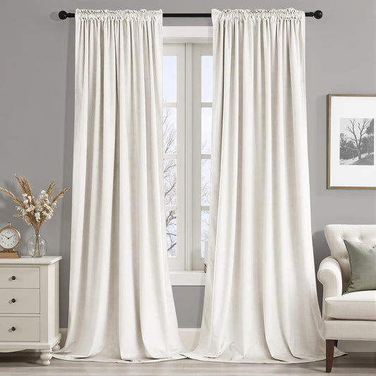 MIULEE Ivory Velvet Curtains Thermal Insulated Blackout Curtain Drapes for Bedroom Living Room Darkening 96 Inches Long Curtains Panels Rod Pocket Set of 2