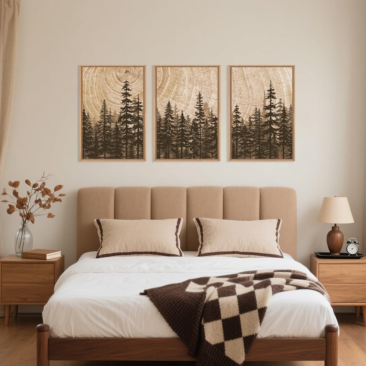 Celestdeco Pine Tree Framed Canvas Wall Art Set, Natural Woodland Landscape Wall Decor, Large Retro Forest Painting, Vintage Brown Artwork for Living Room, Bedroom, Kitchen, Study, Office - 24"x36"x3
