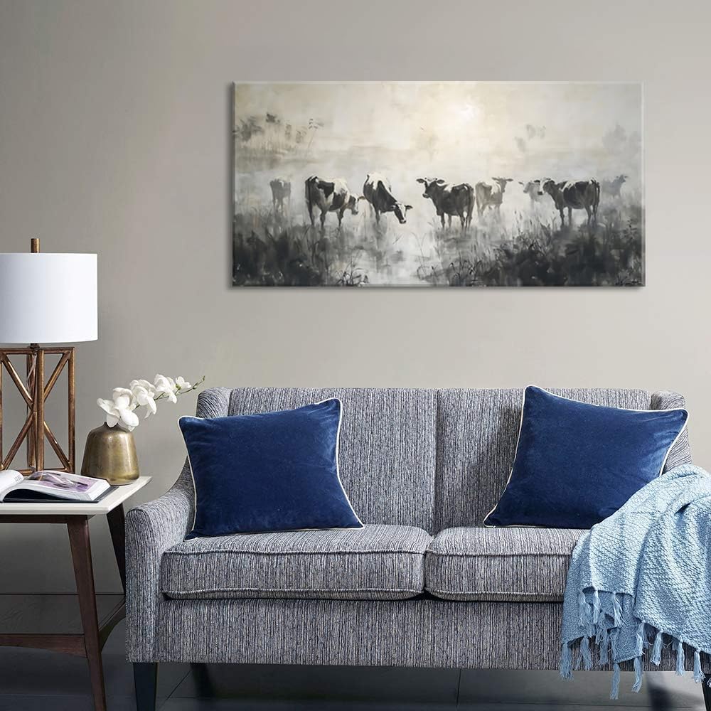 LASMOND Black and White Cow Wall Art for Living Room Ink Wash Canvas Painting Prints Morning Cattle Vintage Country Farmhouse Artwork Bedroom Office Decor (46x23 Inches)