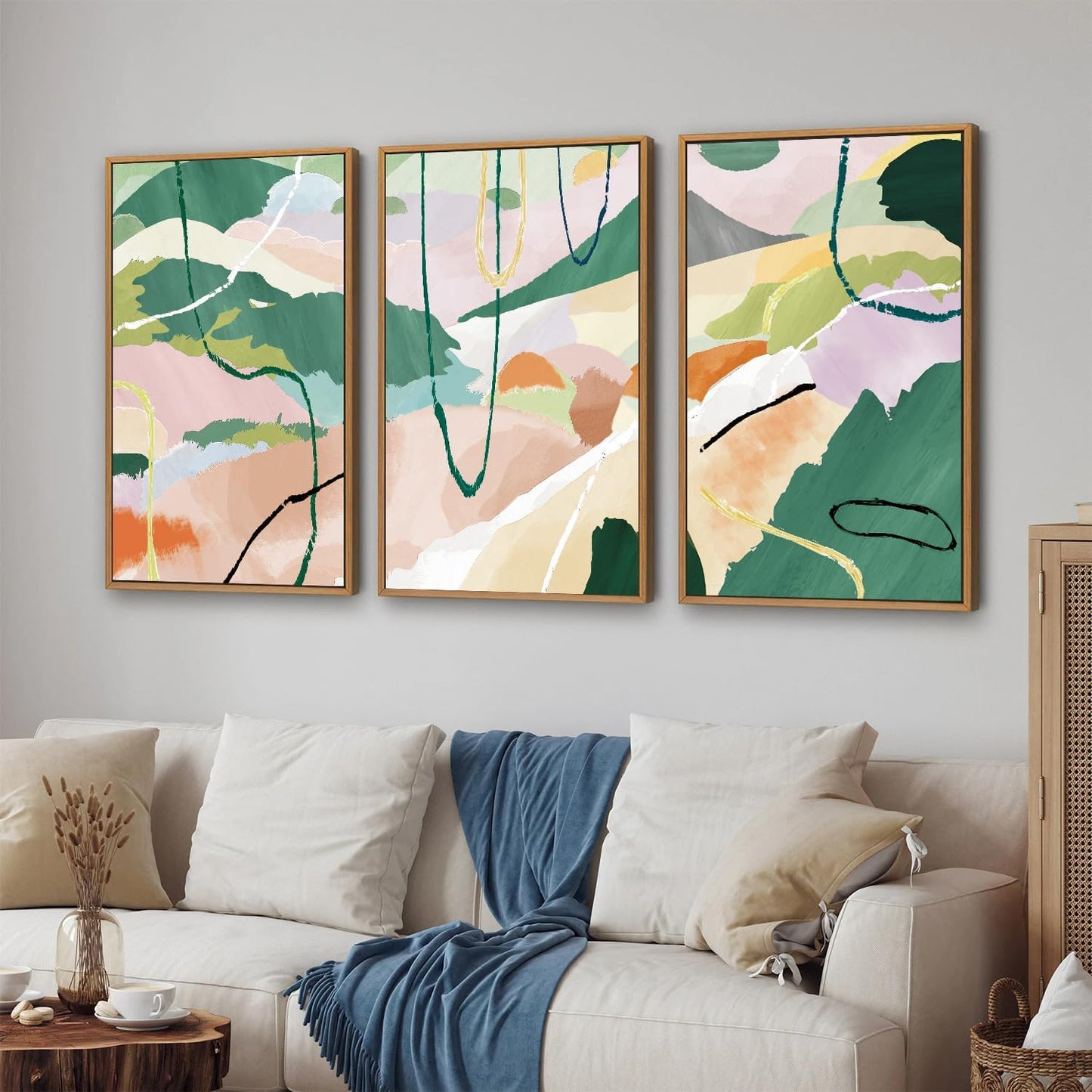 Tinonedraw Colorful Abstract Framed Canvas Wall Art Set of 3, Green and Pink Oils Inks Artwork, Neutral Modern Minimalist Wall Decor for Living Room, Bedroom, Office 16"x24"