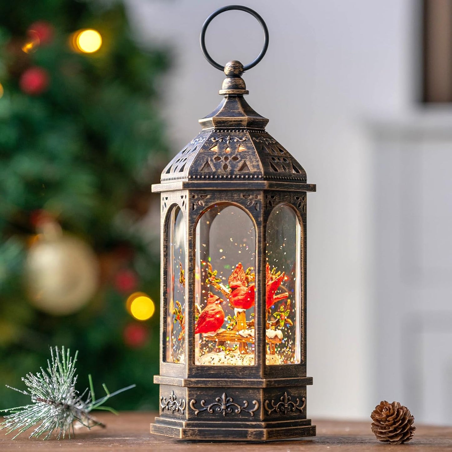 Christmas Snow Globe Lantern Water Glittering 10.5'' Cardinal with Music& Timer, USB Lined/Battery Operated Lighted Lantern for Christmas Festival Decoration Gifts