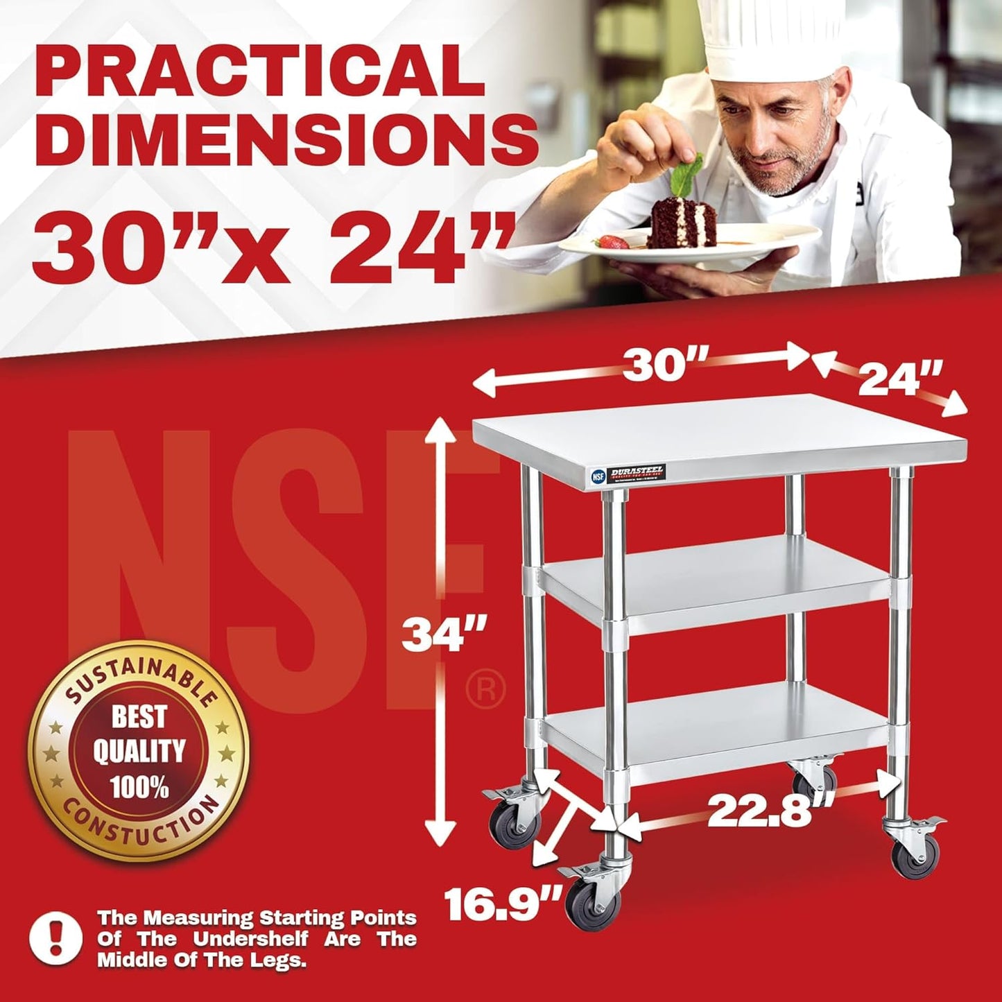 DuraSteel Stainless Steel Work Table 30" x 24" x 34" Height w/ 4 Caster Wheels - Food Prep Commercial Grade Worktable - NSF Certified - Good for Restaurant, Business, Warehouse, Home, Kitchen, Garage