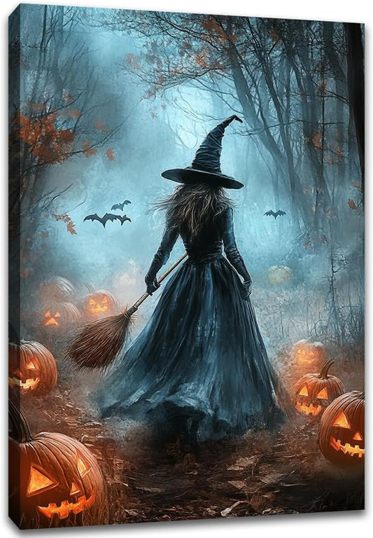 Vintage Moody Halloween Witch Artwork Wall Decor,Spooky Halloween Gothic Canvas Artwork Creepy Horror Witch with A Broom Pumpkin Bats Rustic Forest Picture,Dark Academia Poster,20"x30" Framed