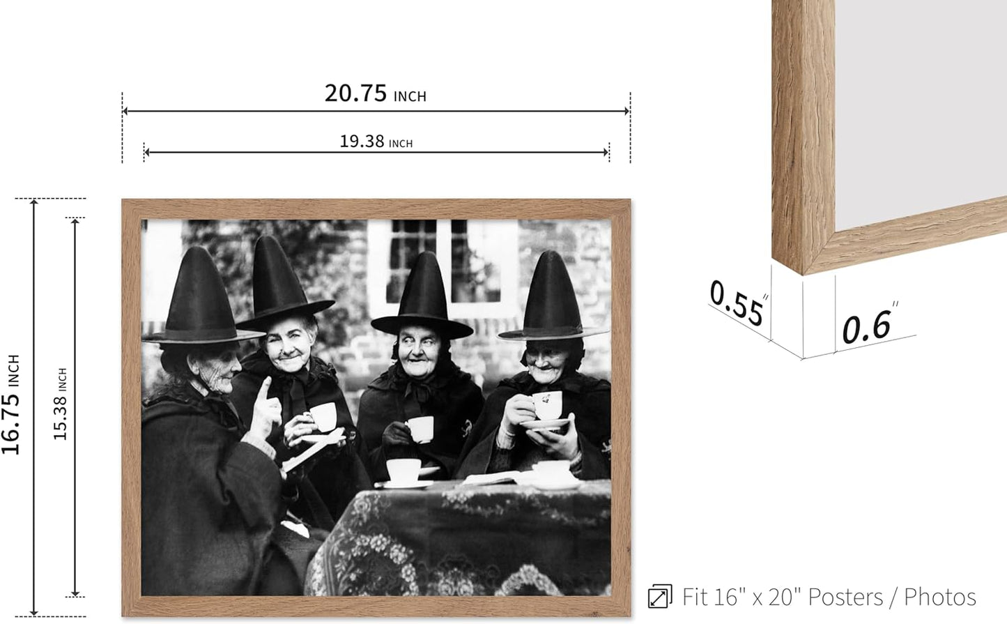 Poster Master Classic Photograph Poster - Vintage Halloween Print - Gift for Artist, Friend - Witches Tea Party, Old Women Smiling, Wearing Robes - Wall Decor for Living Room, 16x20 Beige Framed