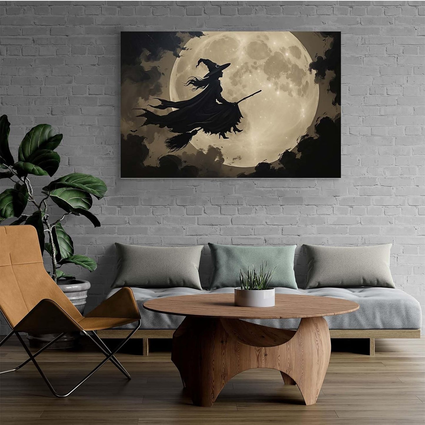 Full moon witch silhouette poster witch on magic broom Halloween mural poster decorative mural art suitable for home living room bedroom8x12in Wood Framed