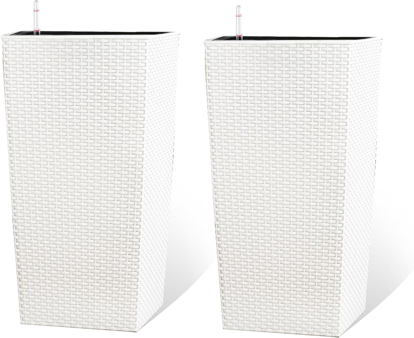 2Pcs 23in High Large Plant Pots Planter-Self-Watering,Modern Planter with Drain Holes,Water Level Monitor,Inner Bucket for Indoor/Outdoor Front Porch Patio,White Rattan