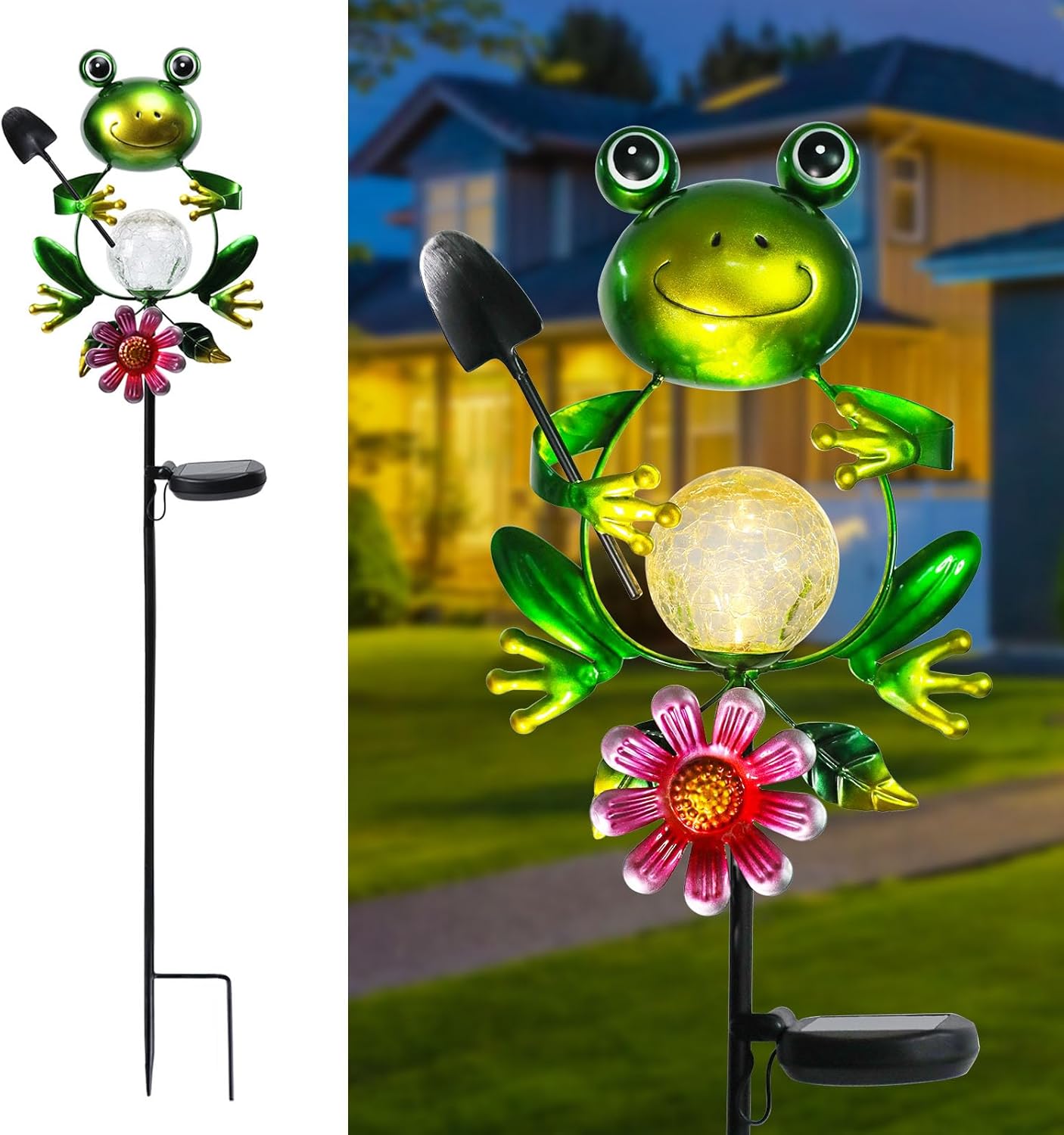 Afirst Solar Lights Outdoor Decorative Metal Frog Crackle Glass Globe Warm White LED Metal Waterproof Garden Stake Lights for Walkway Pathway Lawn Patio Yard Decorations