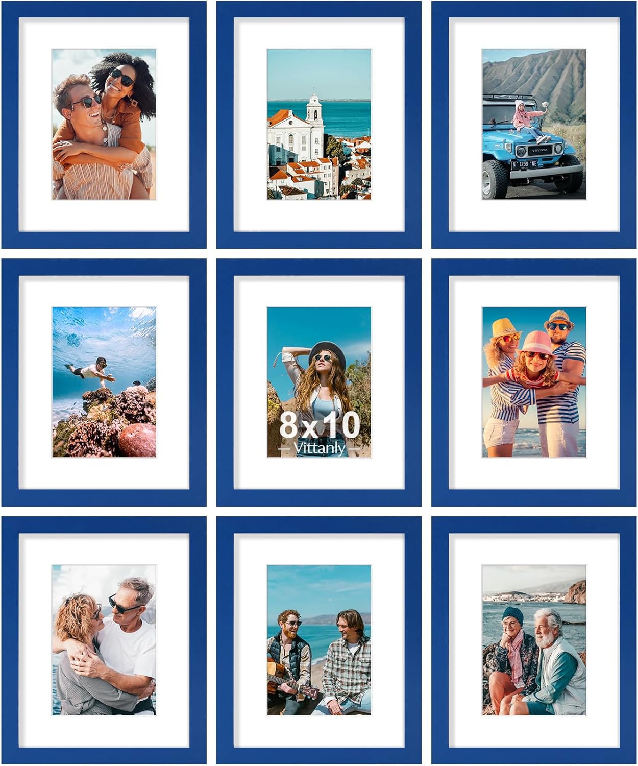 Vittanly 8x10 Picture Frame Set of 9 - Display 5x7 Photos with Mat or 8x10 Without Mat, Wall Mount & Tabletop Frames for Home Decor, Horizontal or Vertical (Blue)
