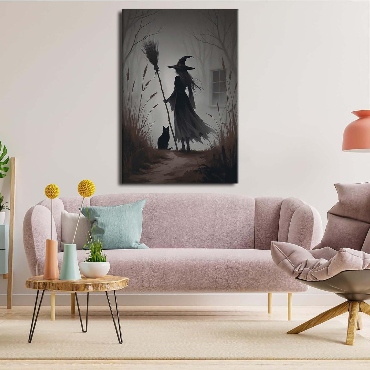 Vintage forest witch and black cat poster Halloween mural poster decoration mural art magic suitable for home living room bedroom20x30in Wood Framed