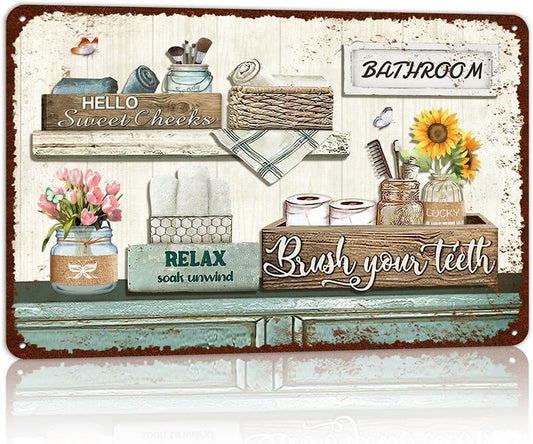Vintage Farmhouse Bathroom Metal Tin Signs Rustic Flower Country Wall Art Decor 8X12 Inches