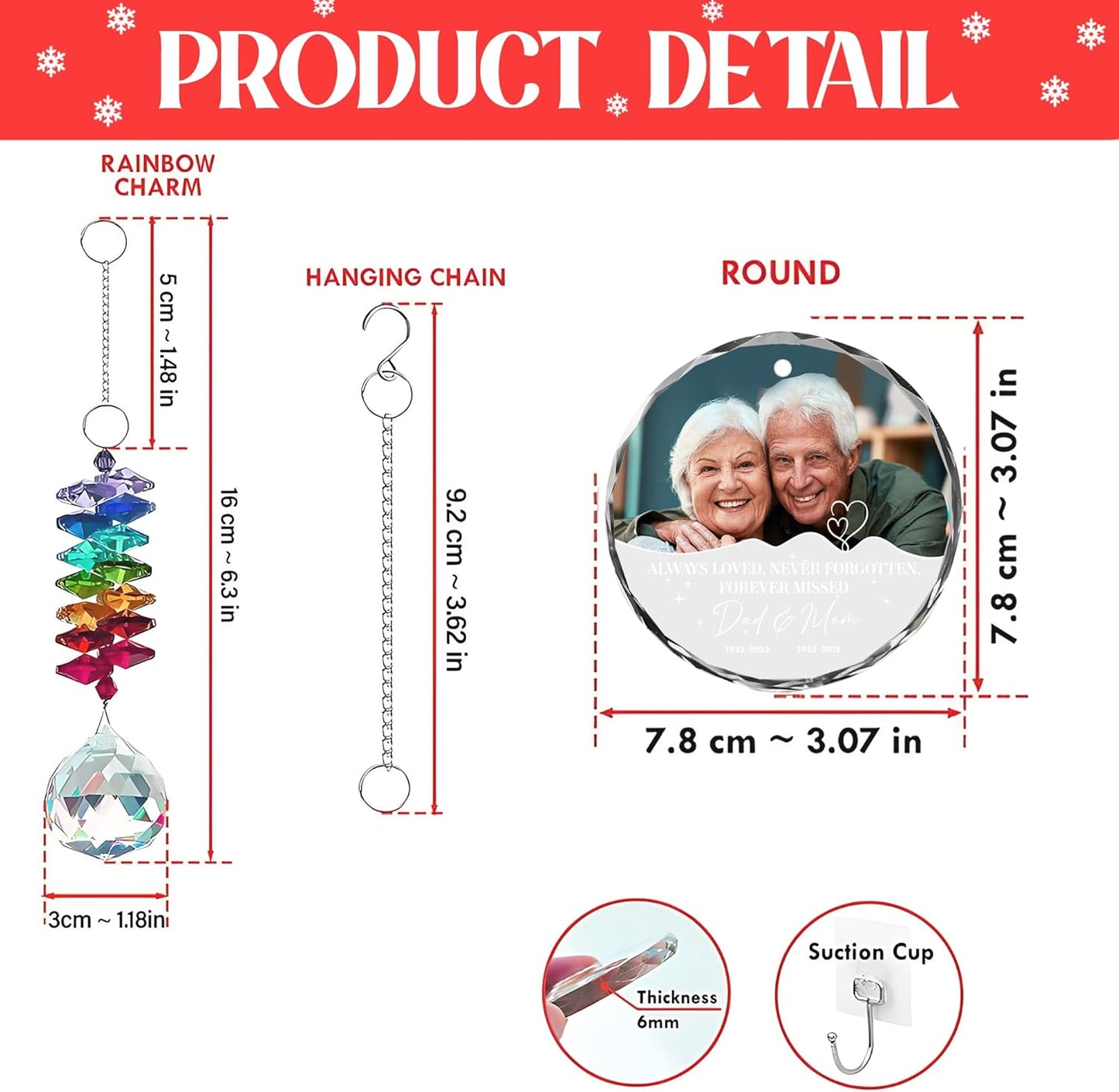 Personalized Memorial Ornament for Dad & Mom – Custom Photo Suncatcher with Names & Dates – Always Loved Never Forgotten – Loss of Parents Christmas Ornament – Remembrance Gift for Family