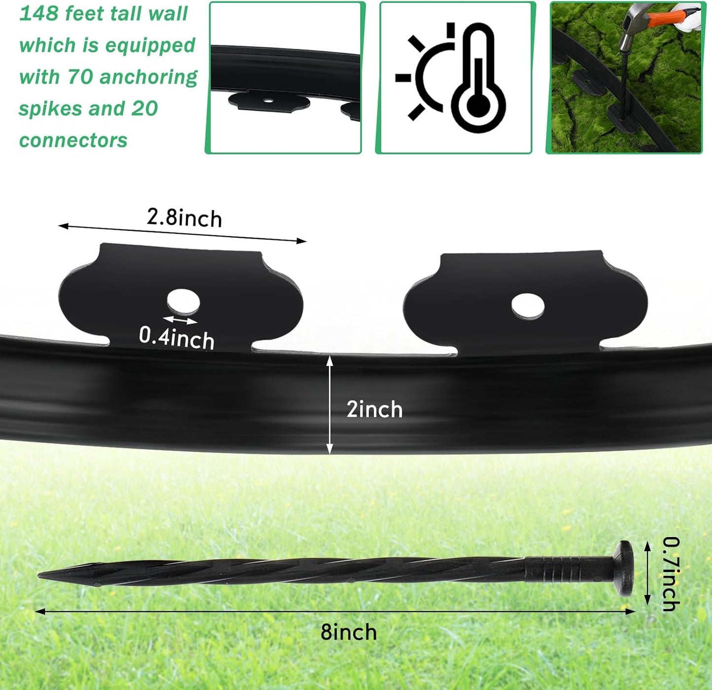 Queekay Landscape Edging Kit 148 ft with 70 Spikes 20 Connectors Plastic Border for Garden, Lawn, Yard, Pathway(Black,2 Inch)