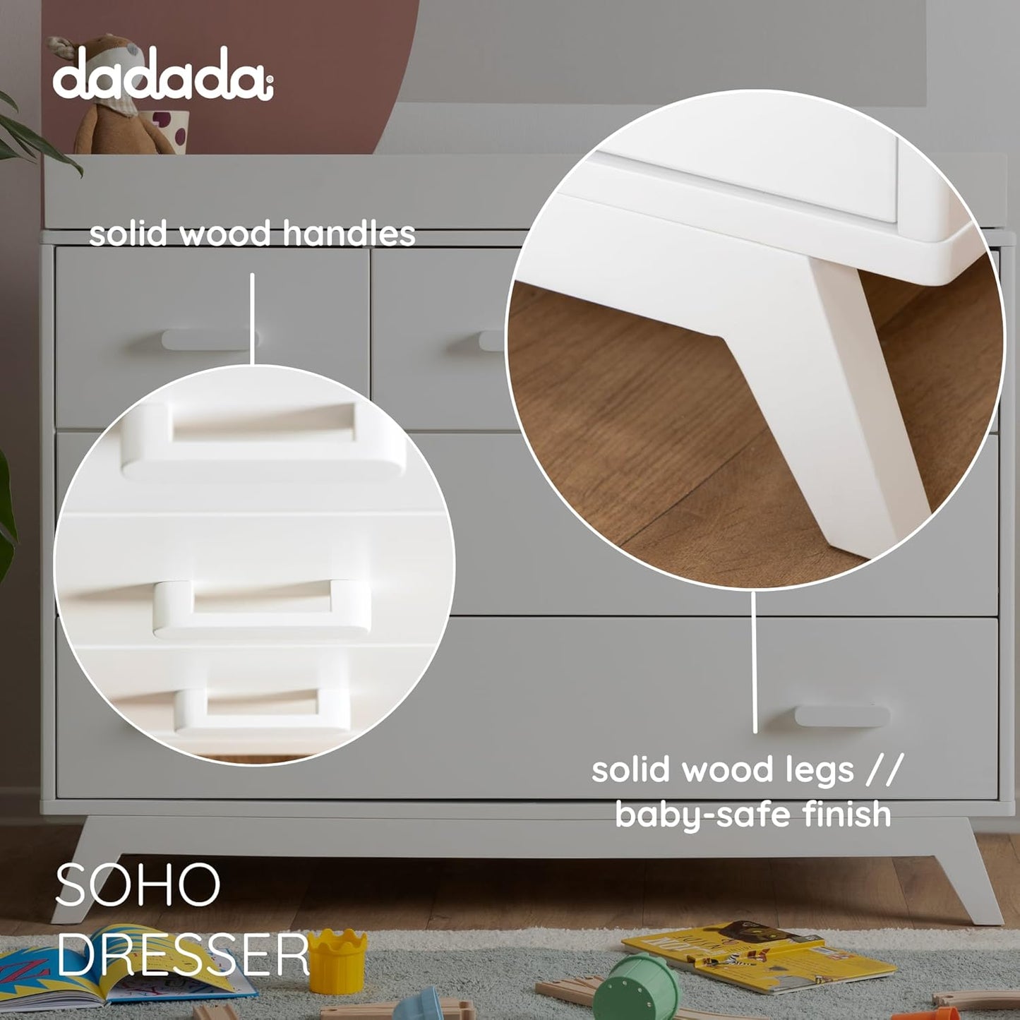 dadada Soho 5-Drawer Dresser for Nursery and Bedroom - Modern Design, Large Storage, Baby-Safe Finish, Soft Close Drawers, Anti-Tip Safety, Sturdy Legs & Solid Wood Handles, 47” Wide (White)