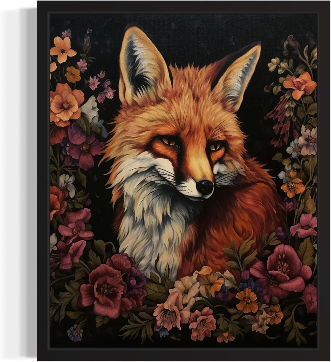 Fox and Flower Poster Art Print, Halloween Scary Vintage Wall Art Academia Spooky Painting Decoration for Horror Prints, Gothic Posters Bedroom Decor 89 (Fox and Flower, 11 x 14 inches, Black Frame)