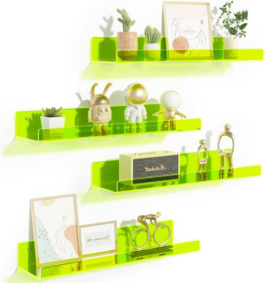 upsimples Acrylic Shelves for Wall Decor, 15" Display Shelf for Figure, Nail Polish, Wall Organizer for Bathroom, Bedroom, Living Room, Playroom, Kids Bookshelf, Clear Fluorescent Green, 4 Pack