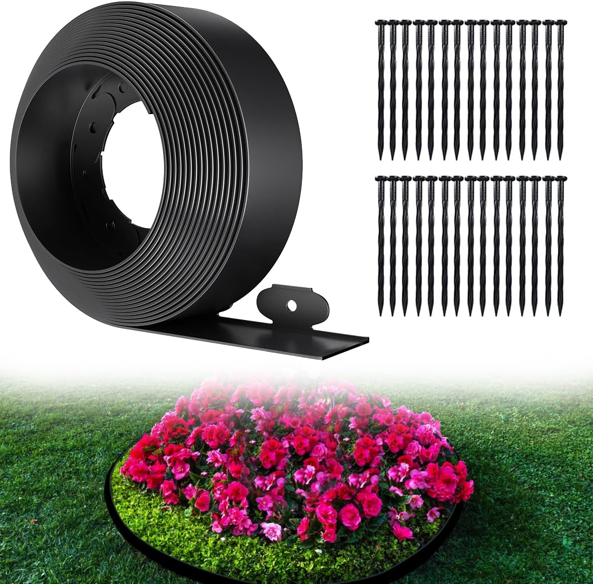 Landscape Edging, 33ft x 4inch Tall Plastic Garden Edging Border with 30 Spikes, Lawn Edging for Landscaping Flower Bed, Yard, Patio-Black