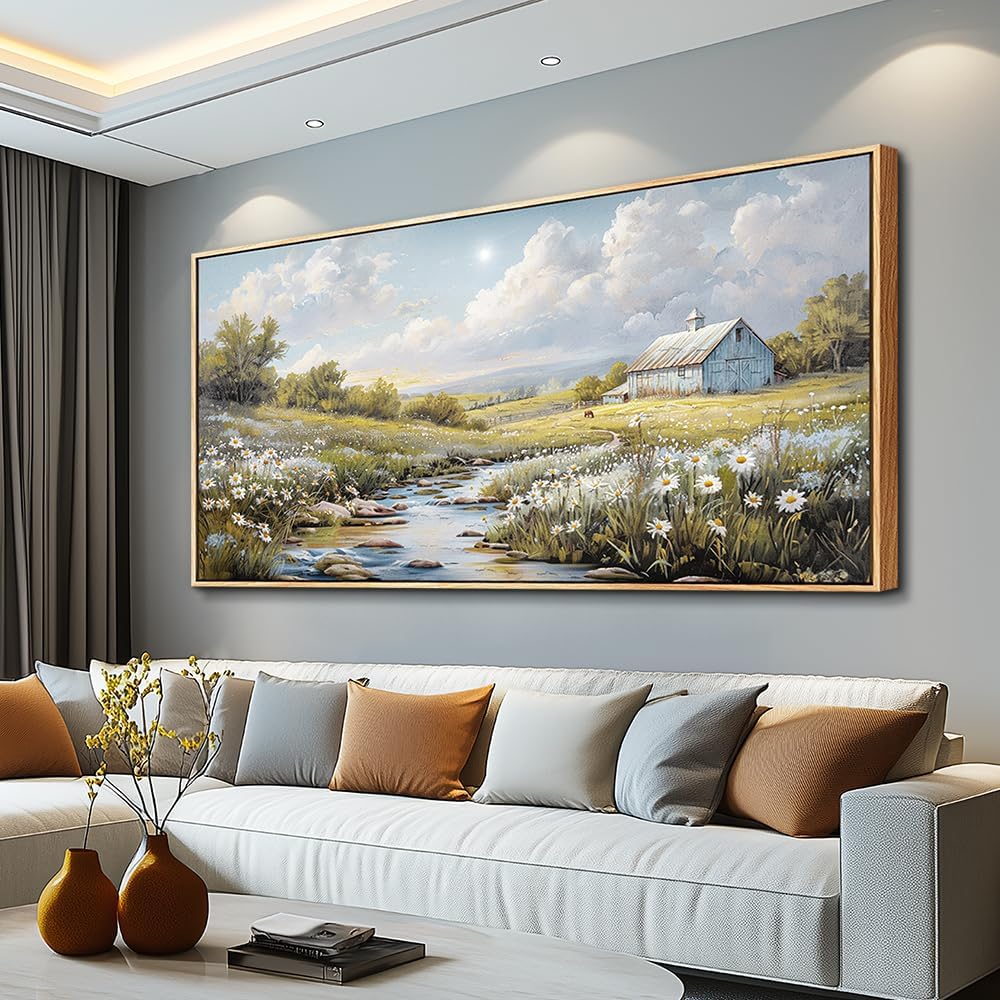 PHAOHUAXM Large Canvas Wall Art For Living Room Wall Decor For Bedroom Flower Watercolour Office Decoration Countryside Scenery Wall Picture Printing Art Painting Home Decor 30x60 In Wood Framed