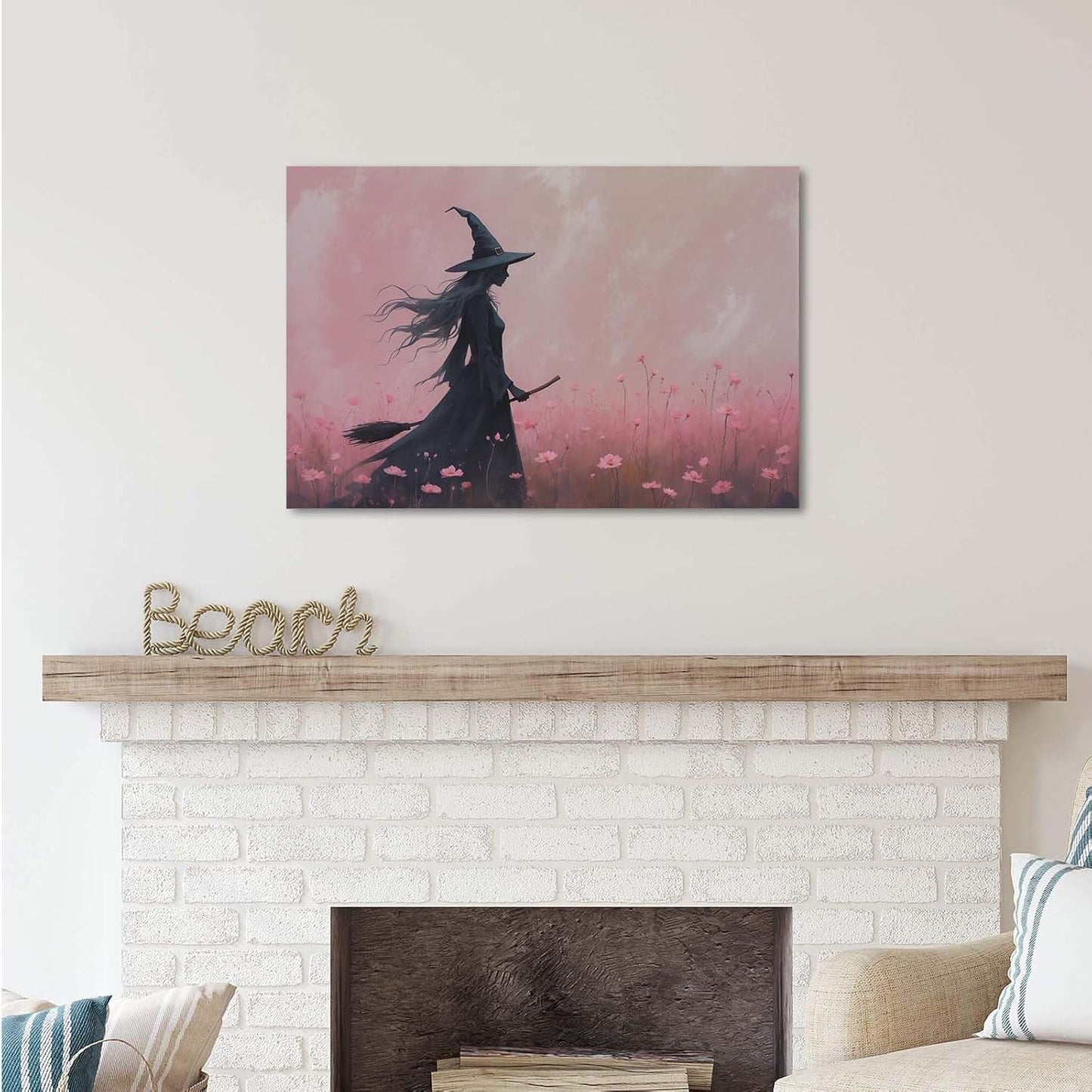 JFHCQJPK Witch in the pink sea of flowers Halloween prints weird flowers wall art silhouette painting fashionable romantic decoration suitable for bedroom8x12in Frameless