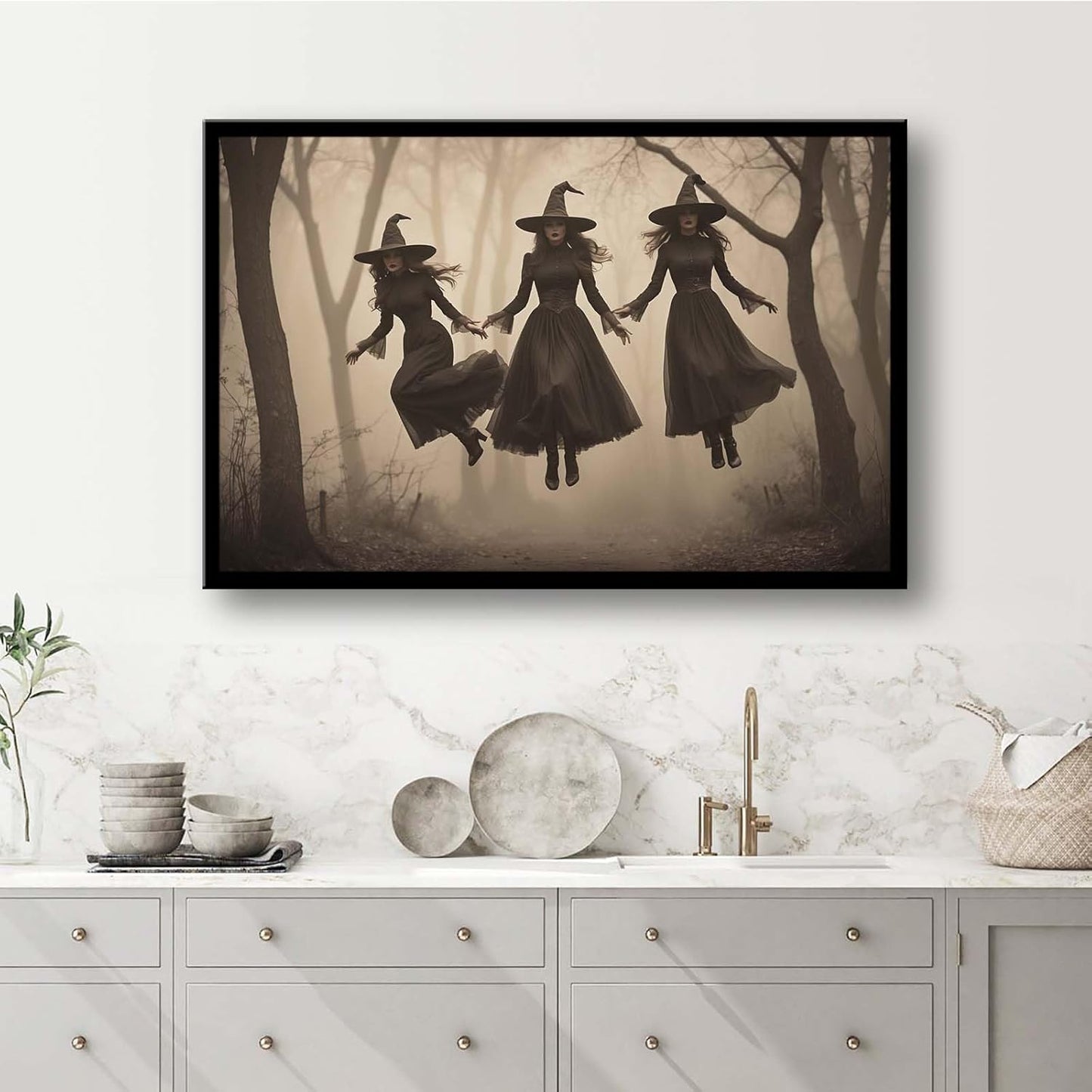 JFHCQJPK Three ghost witches flying in vintage forest gothic wall art witchcraft decoration holiday gift canvas wall art print24x36in Metal blackFramed