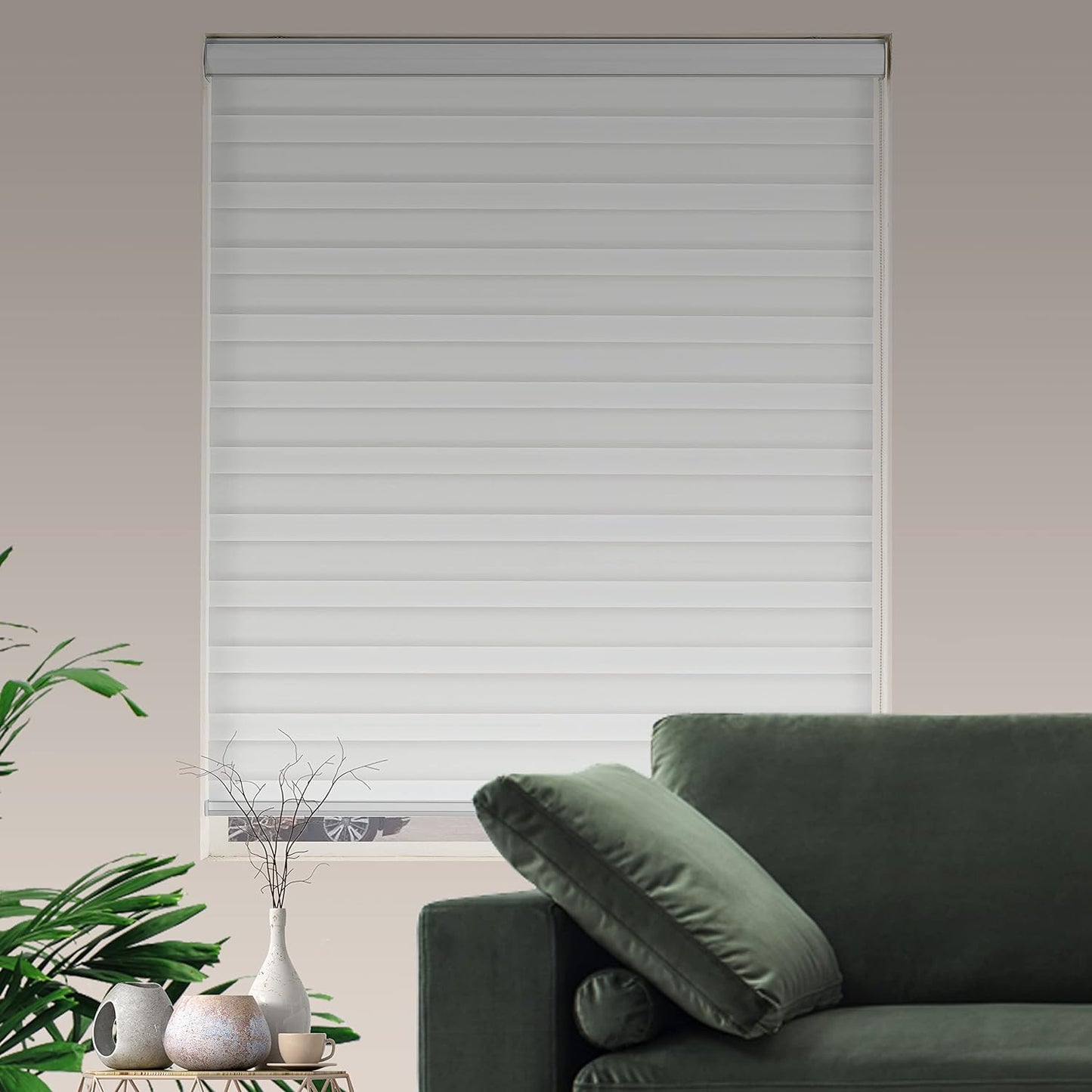 Zebra Blinds for Windows Dual Layer Light Filtering Privacy Free-Stop Sheer Shades Light Control for Indoor Windows Zebra Shades for Living Room(74" W X 72" H, White)