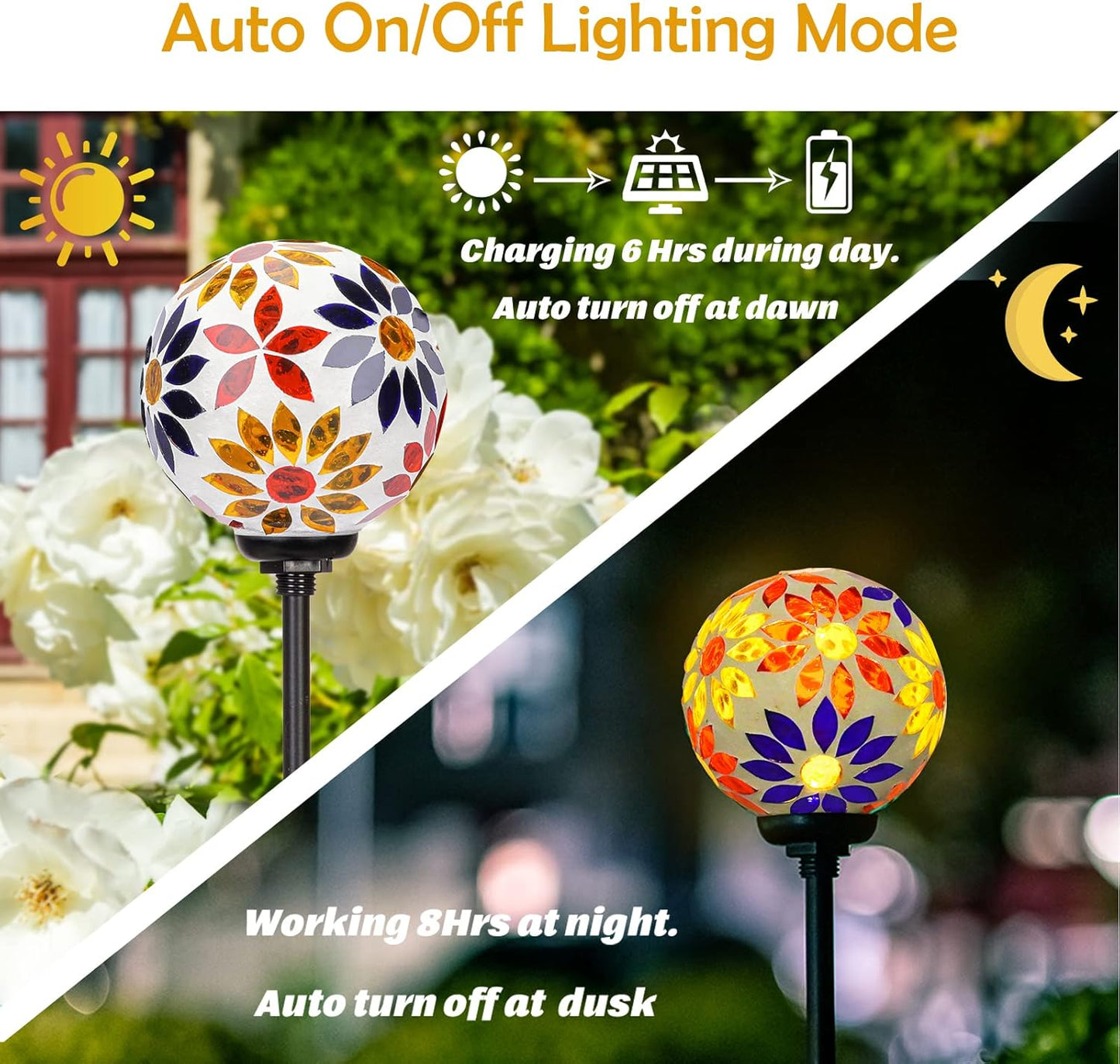 Afirst Solar Lights Outdoor Decorative - Solar Gazing Ball Mosaic Garden Stakes Flower Decorative Lights Waterproof for Pathway Yard Lawn Decoration Orange