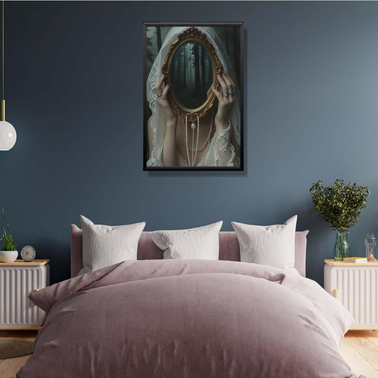 Mirror face covering dark art poster print melancholy gothic painting vintage feminine print victorian style decoration antique art16x24in Metal blackFramed