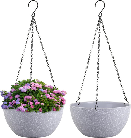 8 inch Small Hanging Planters for Indoor Outdoor Plants, 2 Pack Hanging Flower Pots with Drainage Holes and Chain for Garden Porch, Plastic Hanging Baskets for House Plants, Speckled Grey