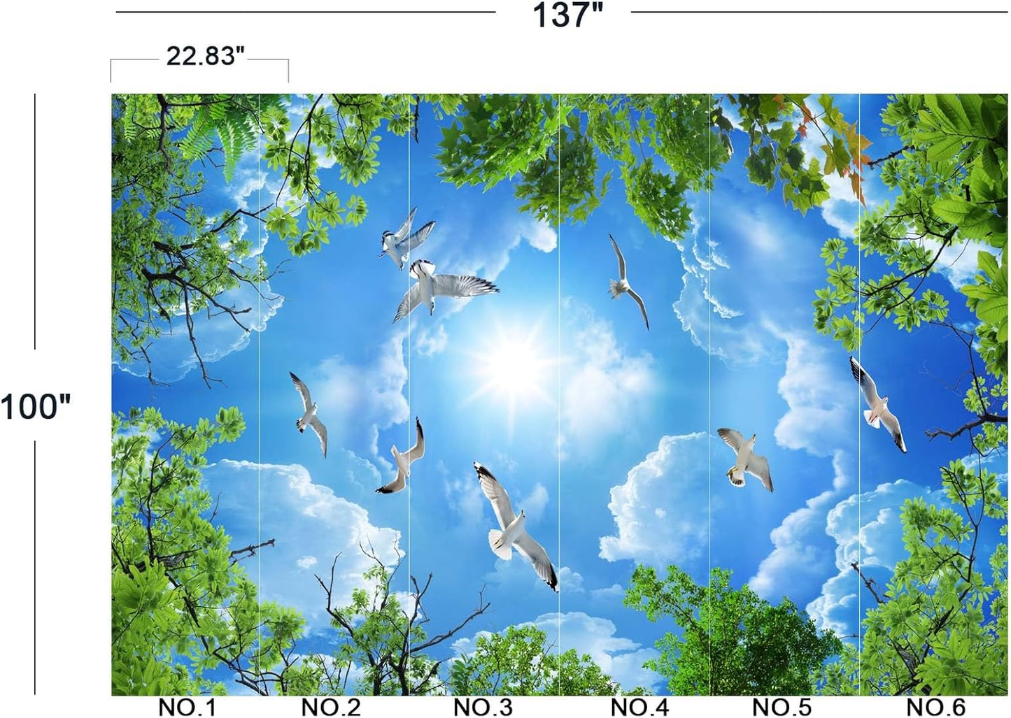 Sky Seagull Green Tree Ceiling 3D Wall Mural Wallpaper 137" x 100"