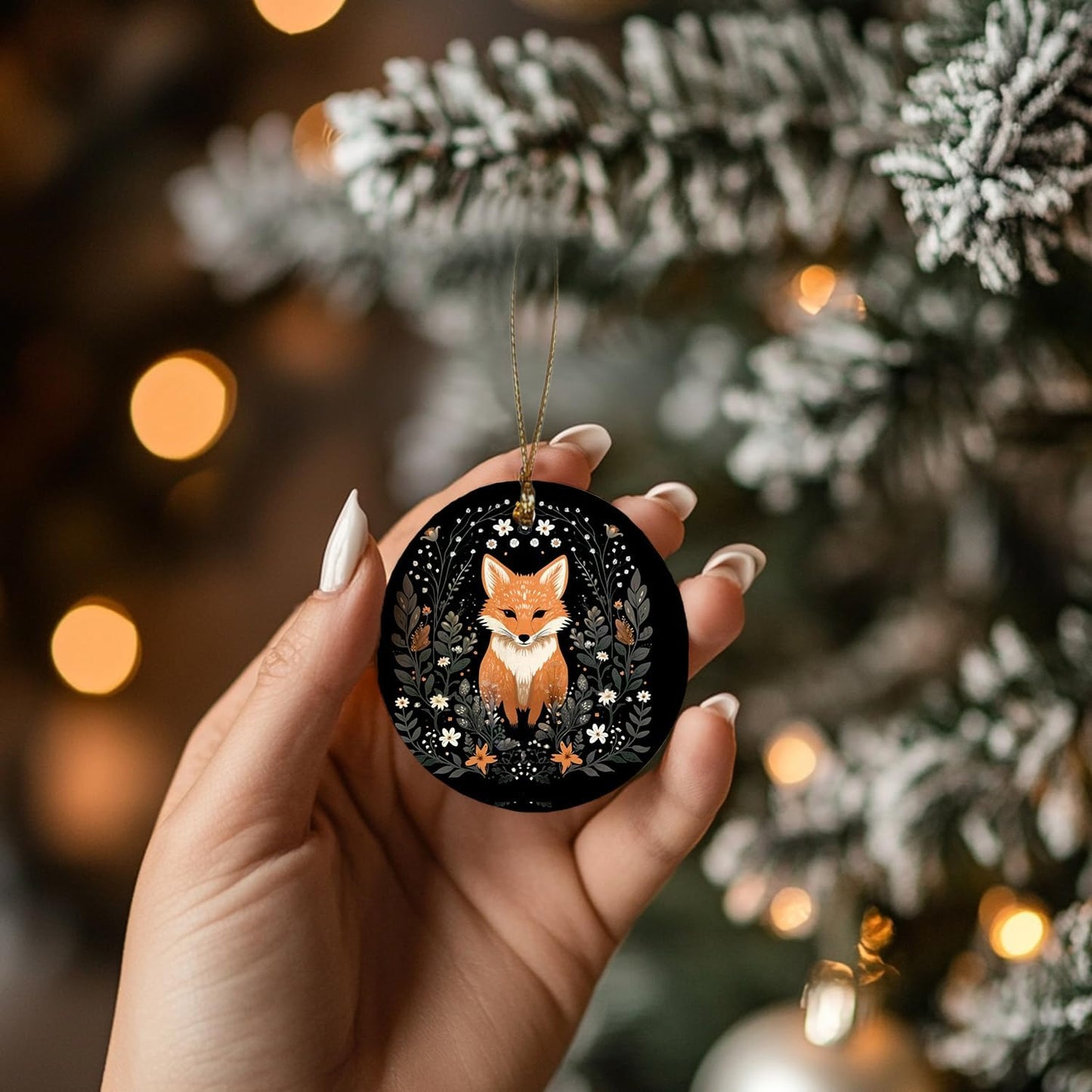 Fox Ornament, Fox Gifts for Women Girls Men,Gifts for Fox Lovers, Cottagecore Botanical Fox Ceramic Ornaments, Fox Decorative Hanging Ornament