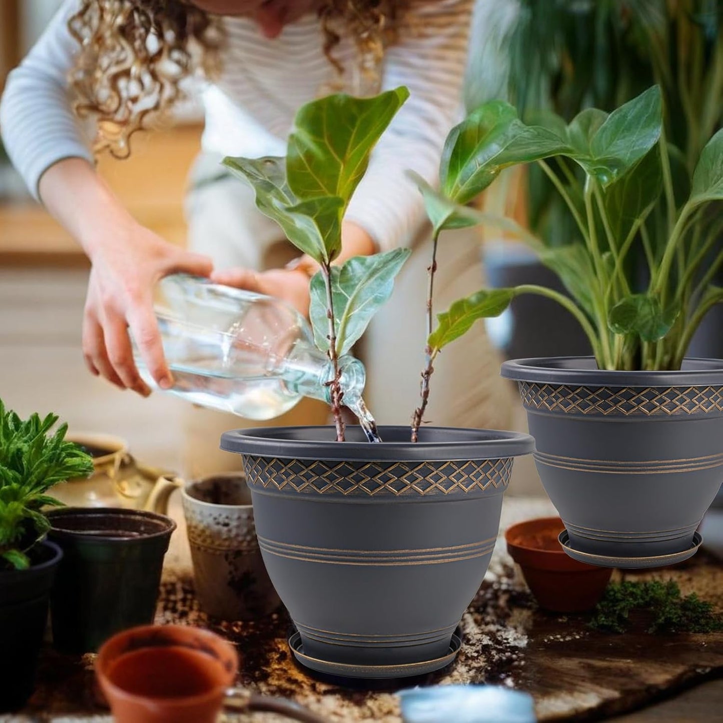 4 Pack 12 Inch Large Plant Pots, Plastic Flower Pot for Indoor & Outdoor with Drainage Holes & Saucer, Plaid Pattern Planters Garden Pots for Herbs