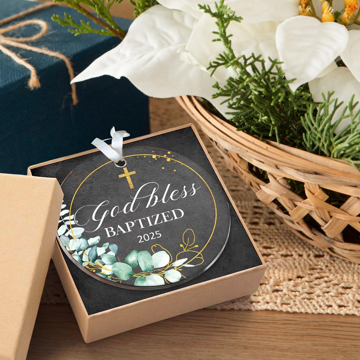 HEXMOZ God Bless Baptized Ornament 2025 - Christian Easter Baptism Gifts for Boys, Girls, Adults - Cross Christening Gift for Baby Boy Girl Godson Goddaughter - Acrylic Christmas Keepsake Decoration