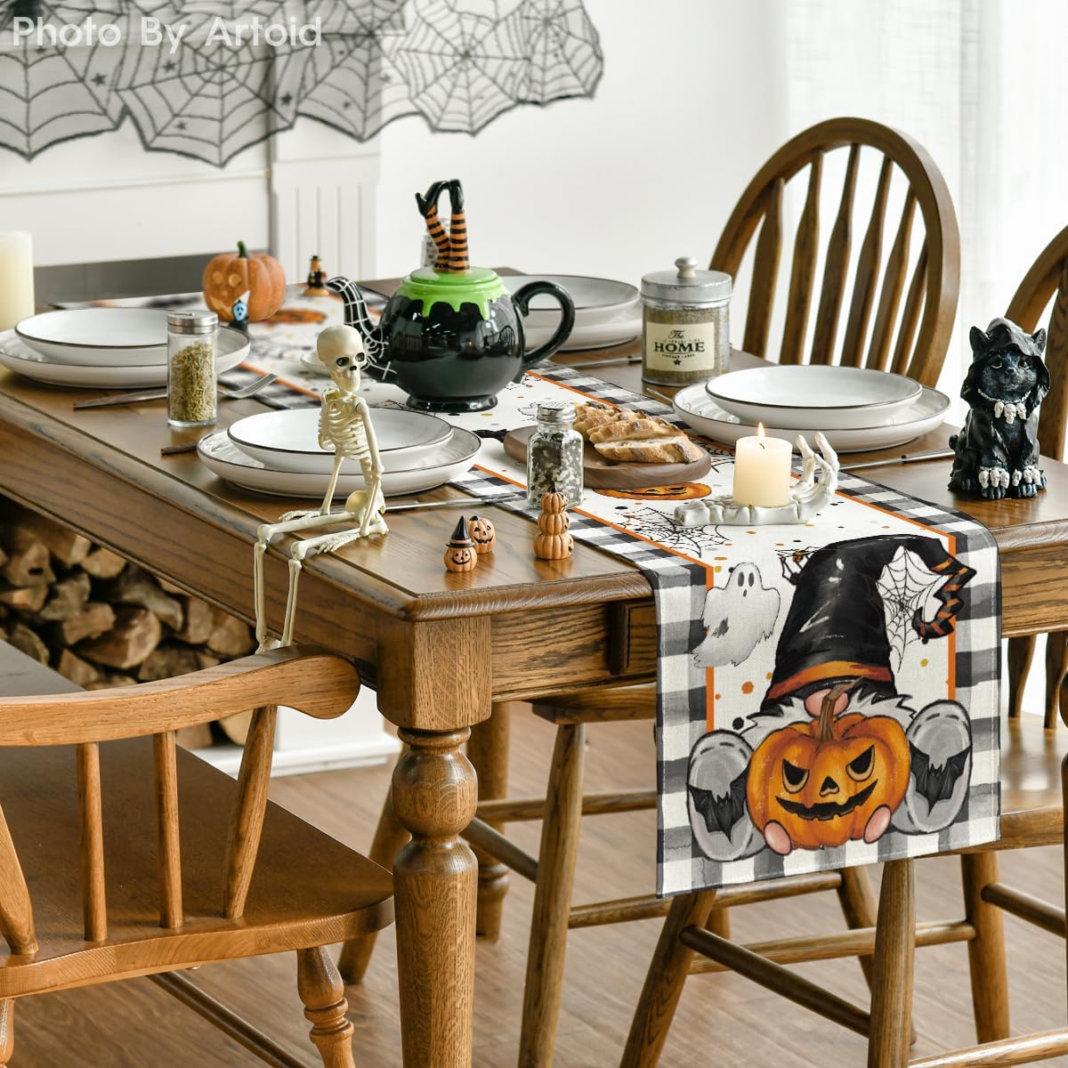 Artoid Mode Buffalo Plaid Gnome Bat Pumpkin Ghost Halloween Table Runner, Sensonal Kitchen Dining Table Decor for Home Party 13x60 Inch
