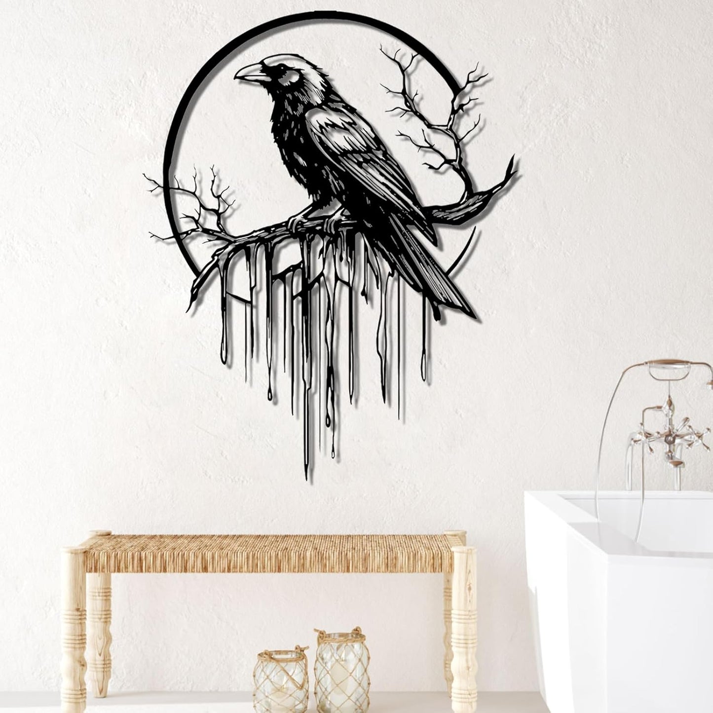 Crow Metal Wall Decor, Raven Wall Art, Large Gothic Raven Decor Hangings, Bird Wall Decor, Metal Tree Branch Decor, Ravens Sign, Raven Art for Living Room (White, 35"x28" | 90x72cm, metal wall art)