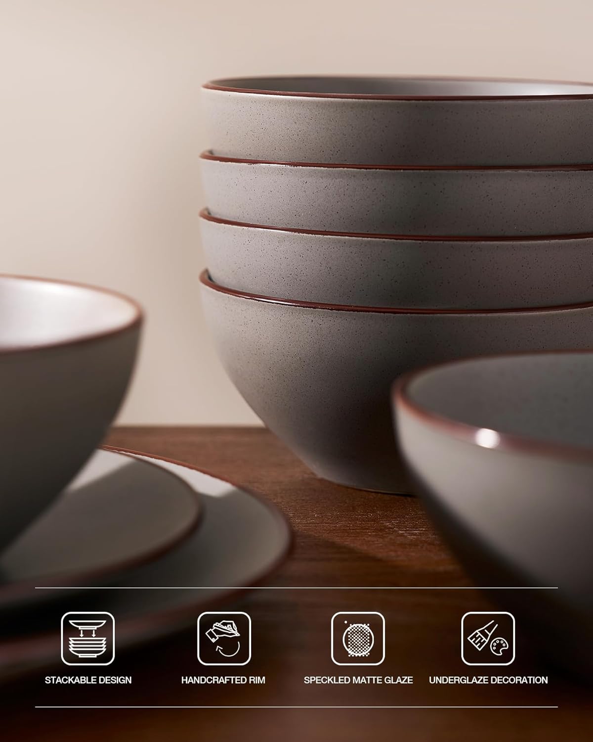 Famiware Venus Plates and Bowls Sets, 18 Pieces Stoneware Dinnerware Sets, Speckled Dishes Set for 6, Microwave and Dishwasher Safe, Matte Dark Grey