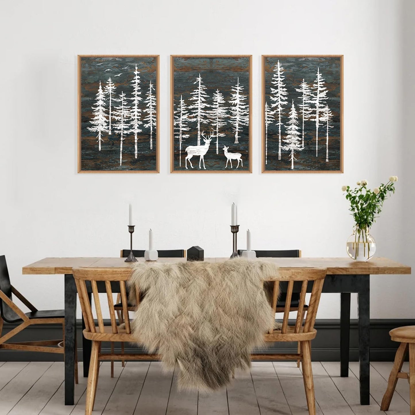 Celestdeco Modern White Forest Framed Canvas Wall Art Set, Minimalist Woodland Art Painting, Retro Tree Landscape Wall Decor, Wildland Deer Artwork for Living Room, Dining Room, Office - 24"x36"x3