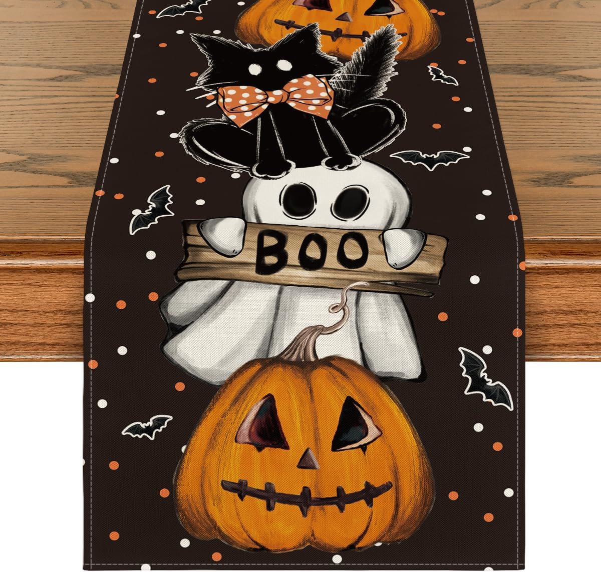 Artoid Mode Polka Dot Ghost Pumpkin Cat Boo Halloween Table Runner, Bat Seasonal Fall Kitchen Dining Table Decoration for Home Party Decor 13x72 Inch