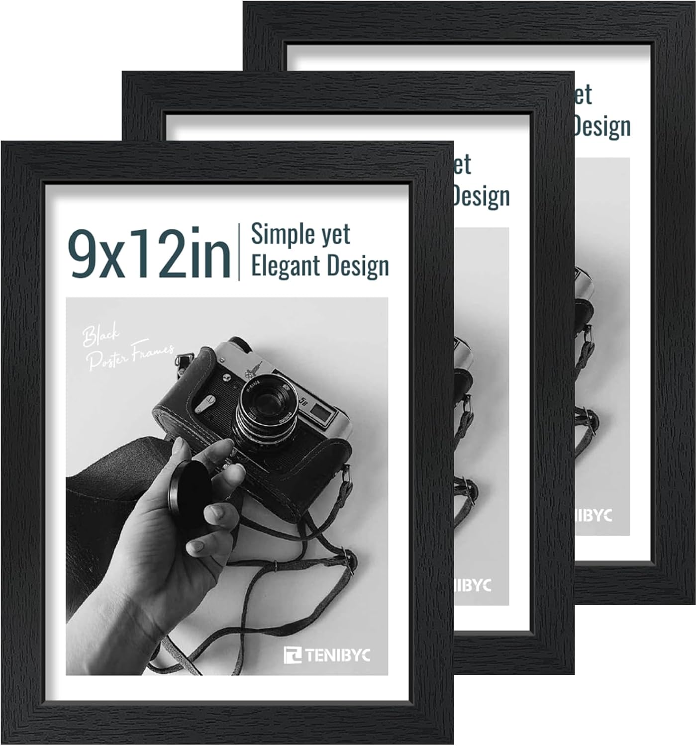 9x12 Frame 3 Pack - Black Woodgrain, 9 x 12 Picture Frame with HD Tempered Glass, Table or Wall Display