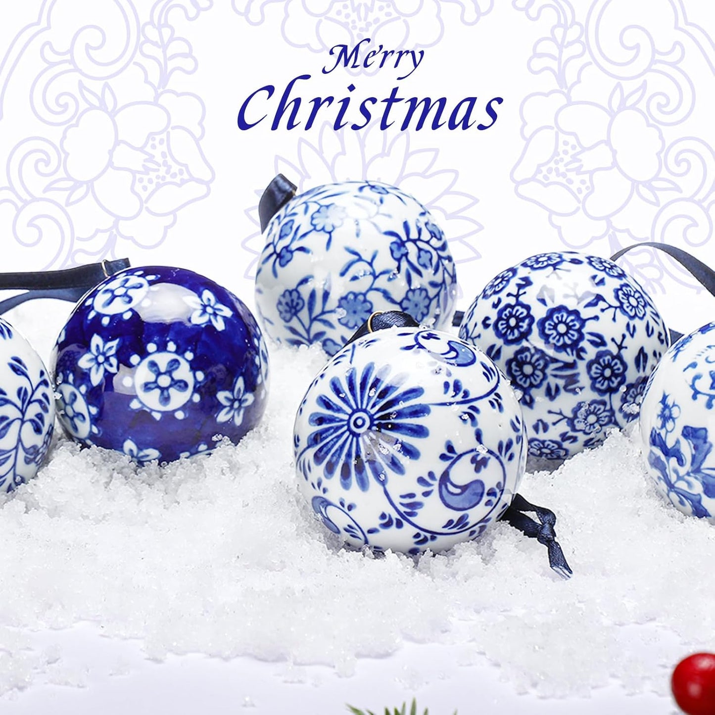 Cindeer 6 Pcs Blue and White Christmas Porcelain Balls 2.4 Inch Porcelain Chinoiserie Ornament Bulk Christmas Ceramic Hanging Decorative for Tree Home Xmas Party (Classic Style)